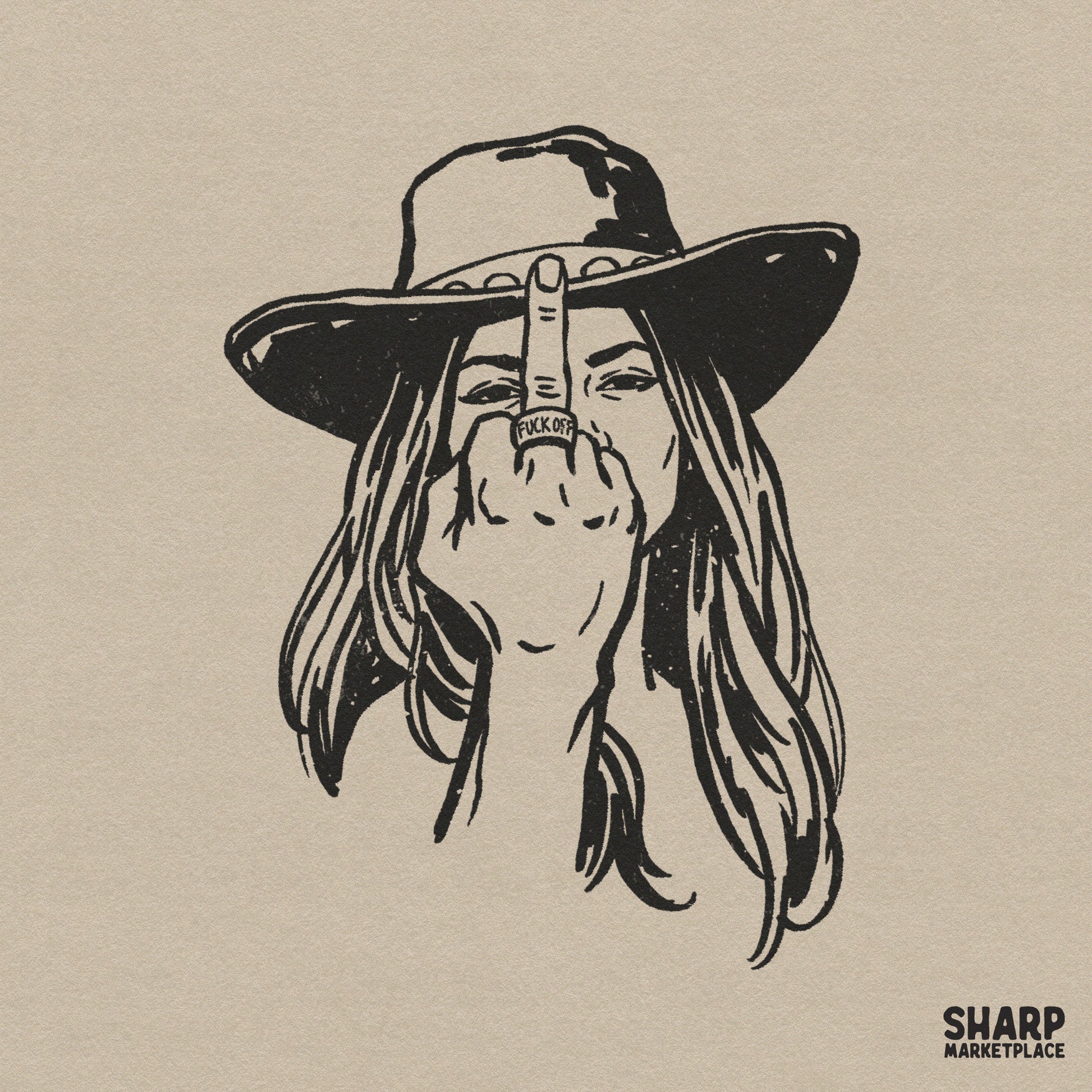 Black and white line art sketch of a cowgirl in a cowboy hat giving a middle finger, featuring a ring with a rebellious phrase for apparel designs.