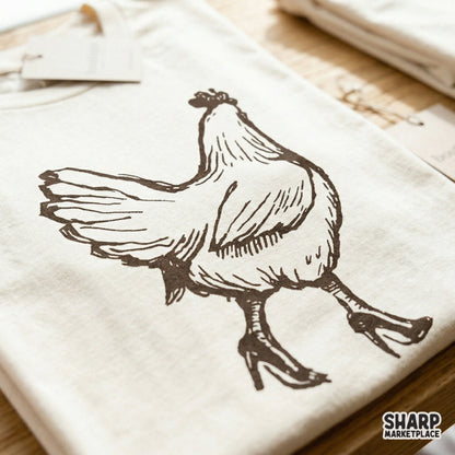 Detailed line art of a strutting hen in high heels, a playful digital design element for custom apparel, sublimation transfers, and farmhouse crafts.