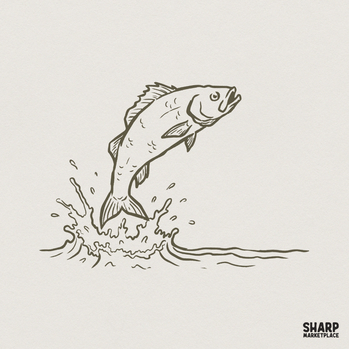 Hand-drawn jumping bass fish line art in brown, featuring a dynamic water splash, perfect for fishing apparel and outdoor-themed sublimation projects.