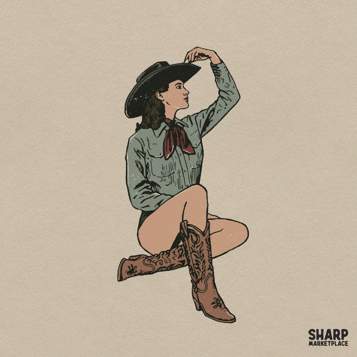 Classic country cowgirl sitting with a hat illustration, vintage western png digital art for t-shirts