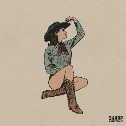 Classic country cowgirl sitting with a hat illustration, vintage western png digital art for t-shirts