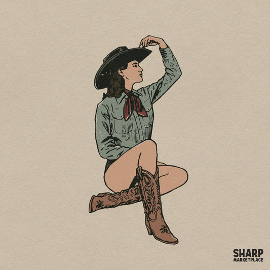 Classic country cowgirl sitting with a hat illustration, vintage western png digital art for t-shirts