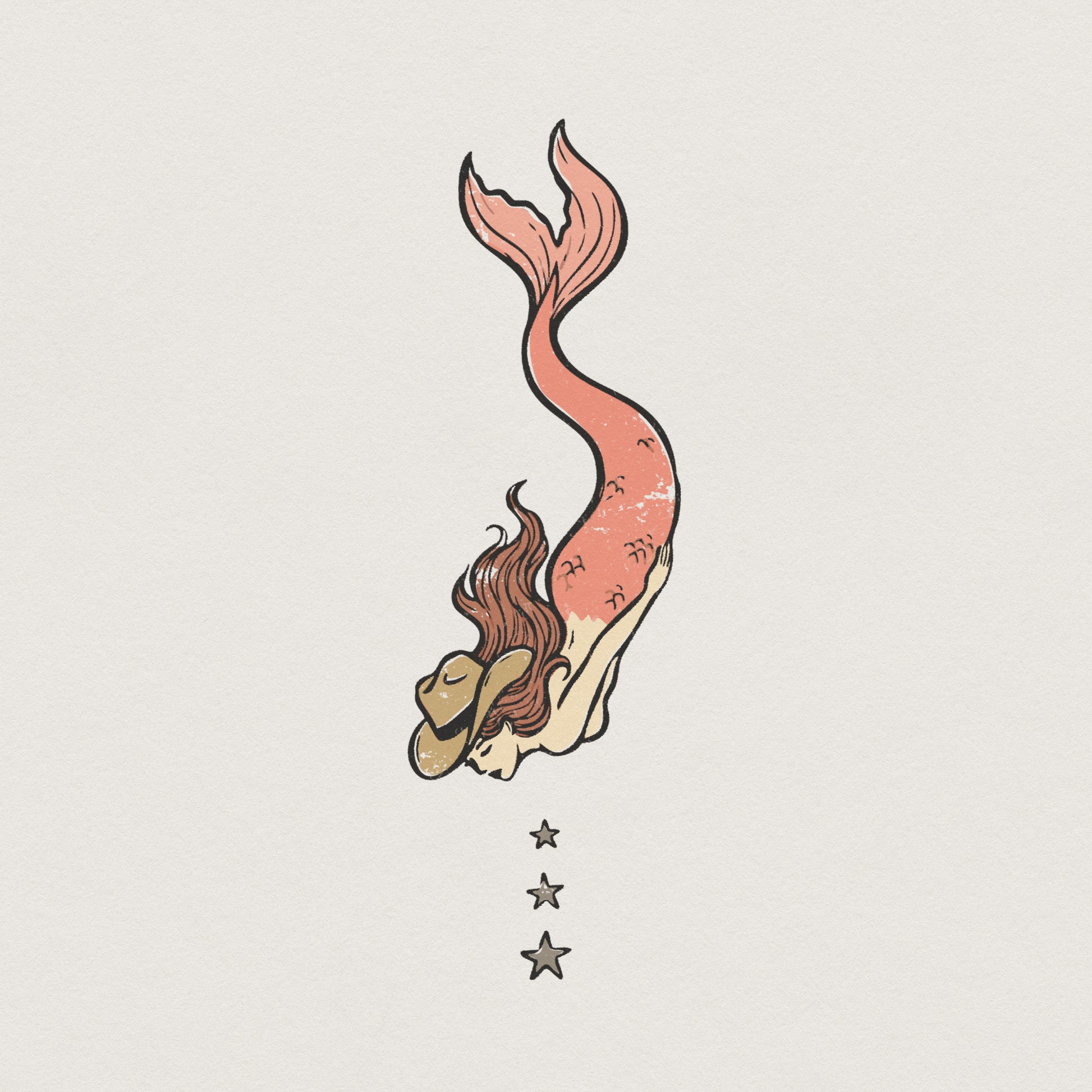 Vintage western mermaid illustration featuring a diving cowgirl with a coral tail, brown cowboy hat, and three stars for shirts or sublimation.