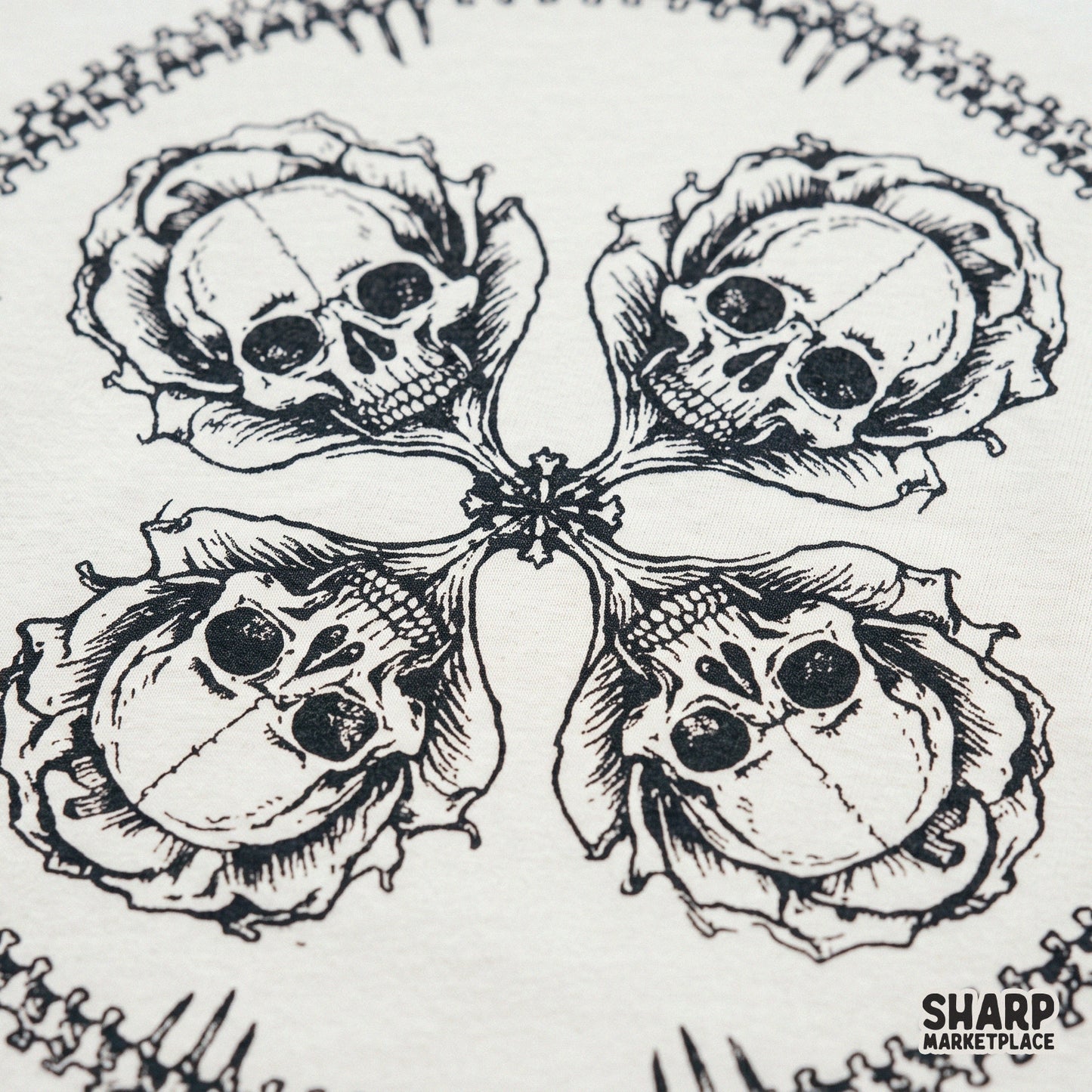 Vintage gothic mandala shirt design featuring four skulls and roses halloween png for sublimation printing