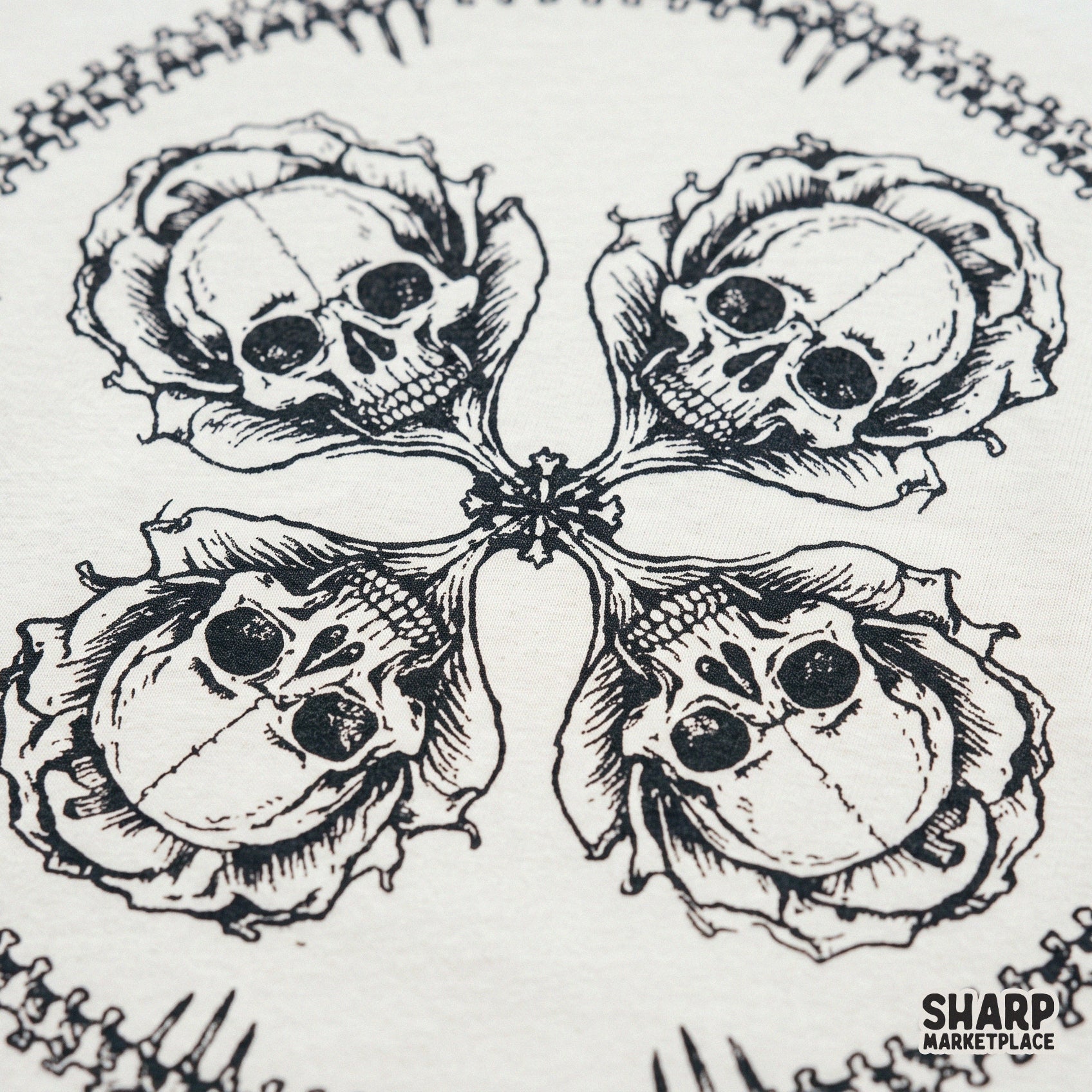 Vintage gothic mandala shirt design featuring four skulls and roses halloween png for sublimation printing