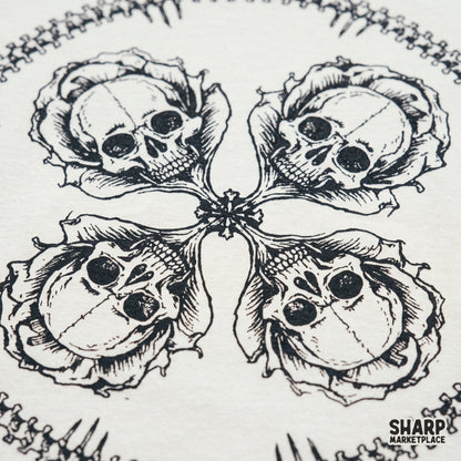 Vintage gothic mandala shirt design featuring four skulls and roses halloween png for sublimation printing