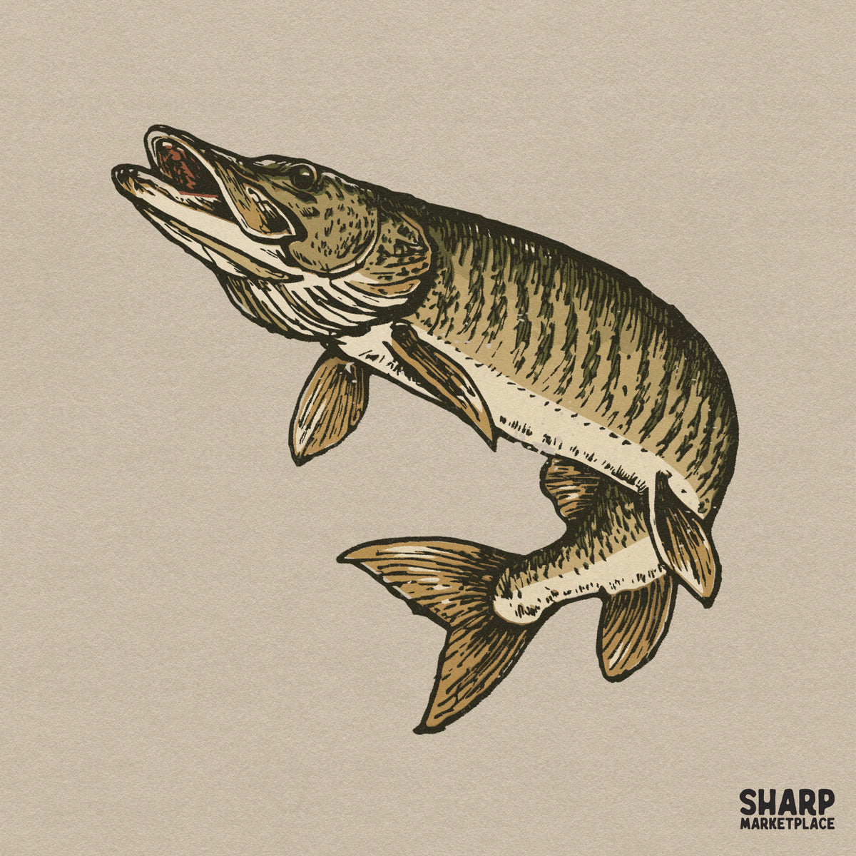 Vintage woodcut style illustration of a muskellunge fish in mid-strike, featuring olive green and tan earth tones for fishing apparel and DIY projects.