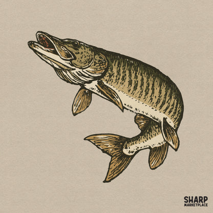 Vintage woodcut style illustration of a muskellunge fish in mid-strike, featuring olive green and tan earth tones for fishing apparel and DIY projects.