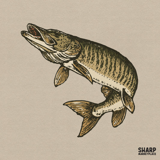 Vintage woodcut style illustration of a muskellunge fish in mid-strike, featuring olive green and tan earth tones for fishing apparel and DIY projects.