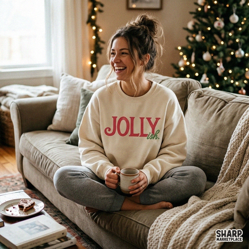 Funny sarcastic Jollyish Christmas typography shirt design with retro snarky holiday humor for winter sublimation