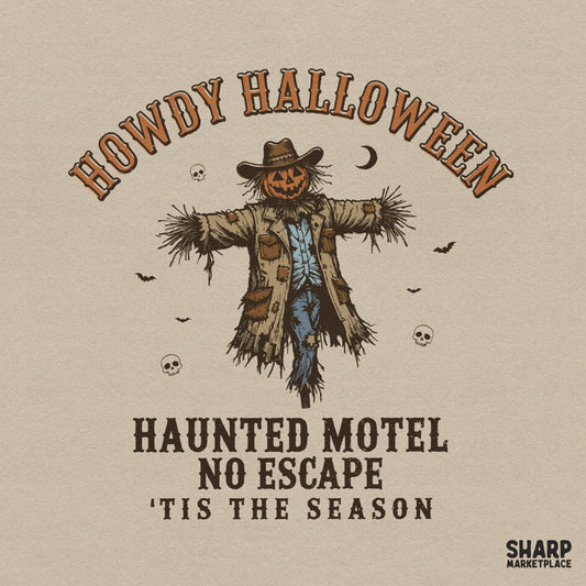 Howdy Halloween haunted motel western pumpkin PNG for retro spooky season cowgirl shirts and fall sublimation designs