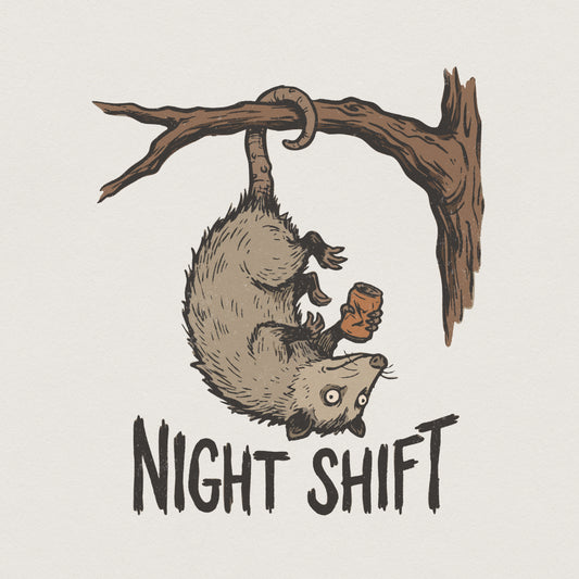 Vintage style illustration of a wide-eyed possum hanging upside down from a tree branch holding a beverage can with Night Shift text for apparel.