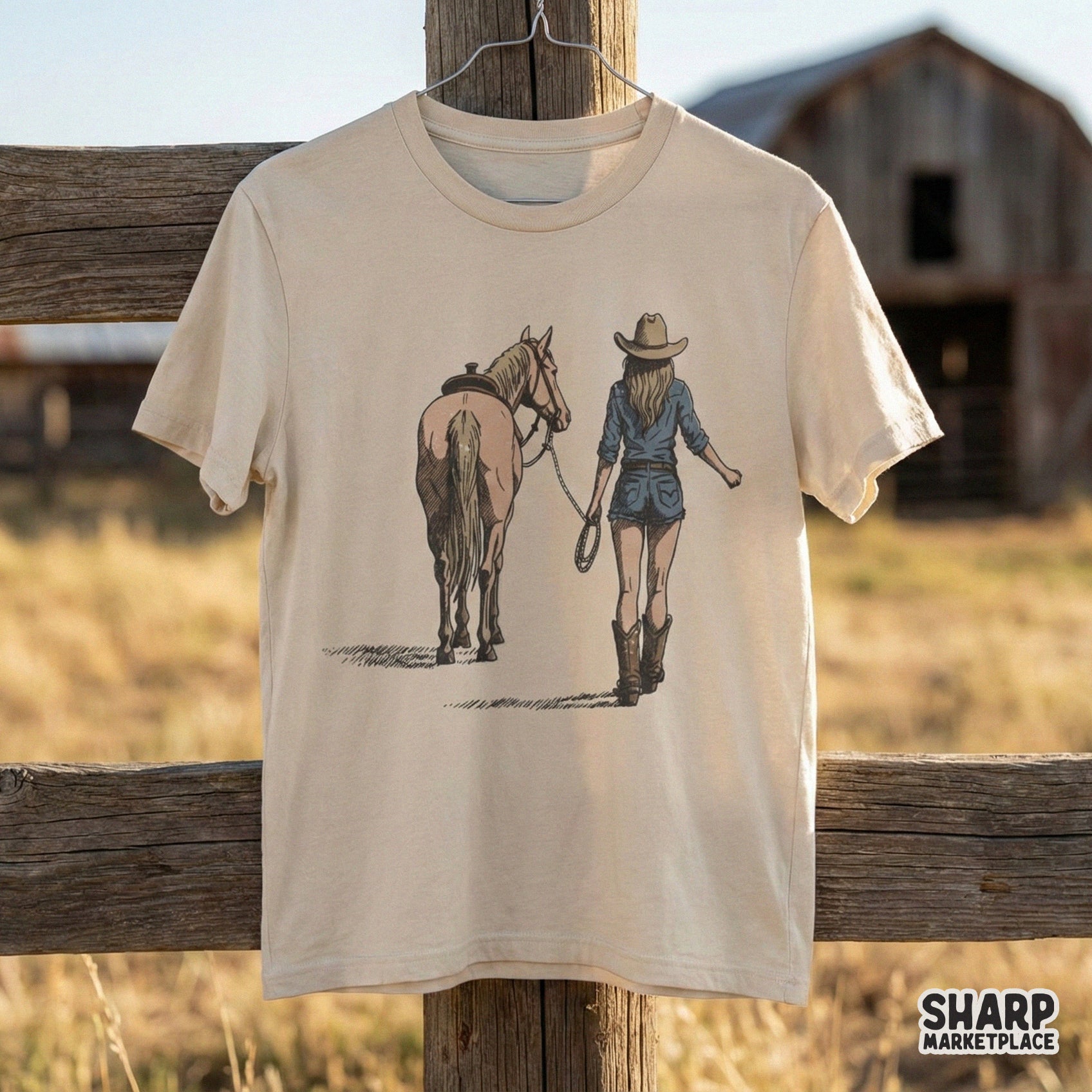 Detailed western country graphic showing a woman and horse from behind, perfect for custom t-shirts, stickers, or rustic-themed sublimation transfers.