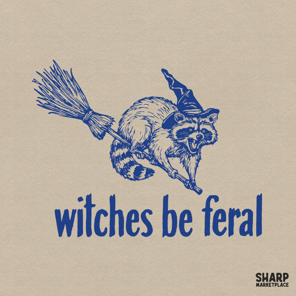 Sarcastic feral raccoon on a broomstick funny Halloween PNG design for spooky season t-shirts and apparel