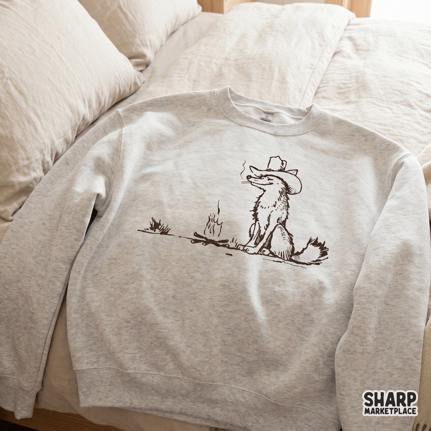 Minimalist campfire sketch with a cowboy fox character, a versatile digital download for print-on-demand shirts, hunting decor, and DIY craft projects.