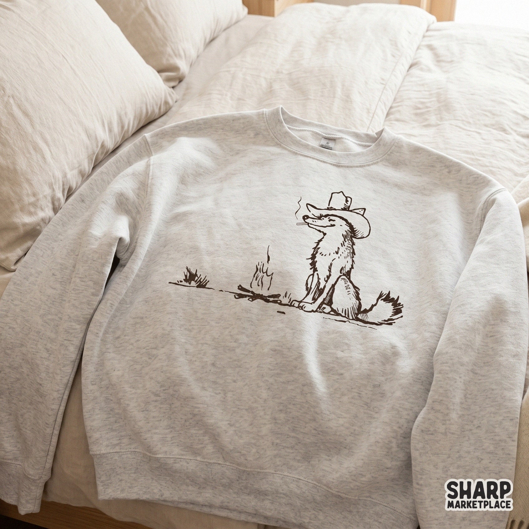 Minimalist campfire sketch with a cowboy fox character, a versatile digital download for print-on-demand shirts, hunting decor, and DIY craft projects.