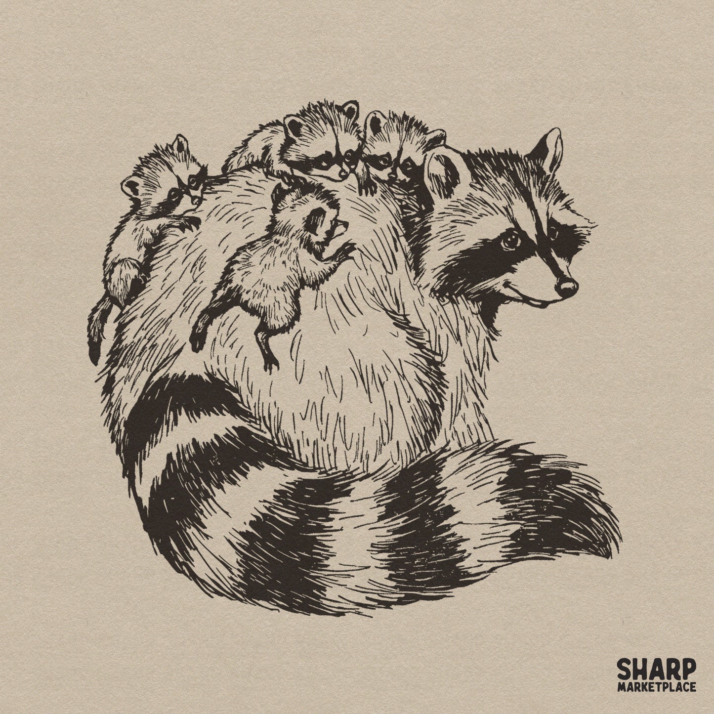 Vintage mama raccoon with four babies on her back for Mother's Day shirts, animal memes trash panda sublimation design