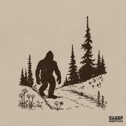 Rustic hand-sketched silhouette of a legendary forest creature walking on a woodland trail surrounded by pine trees and wildflowers.