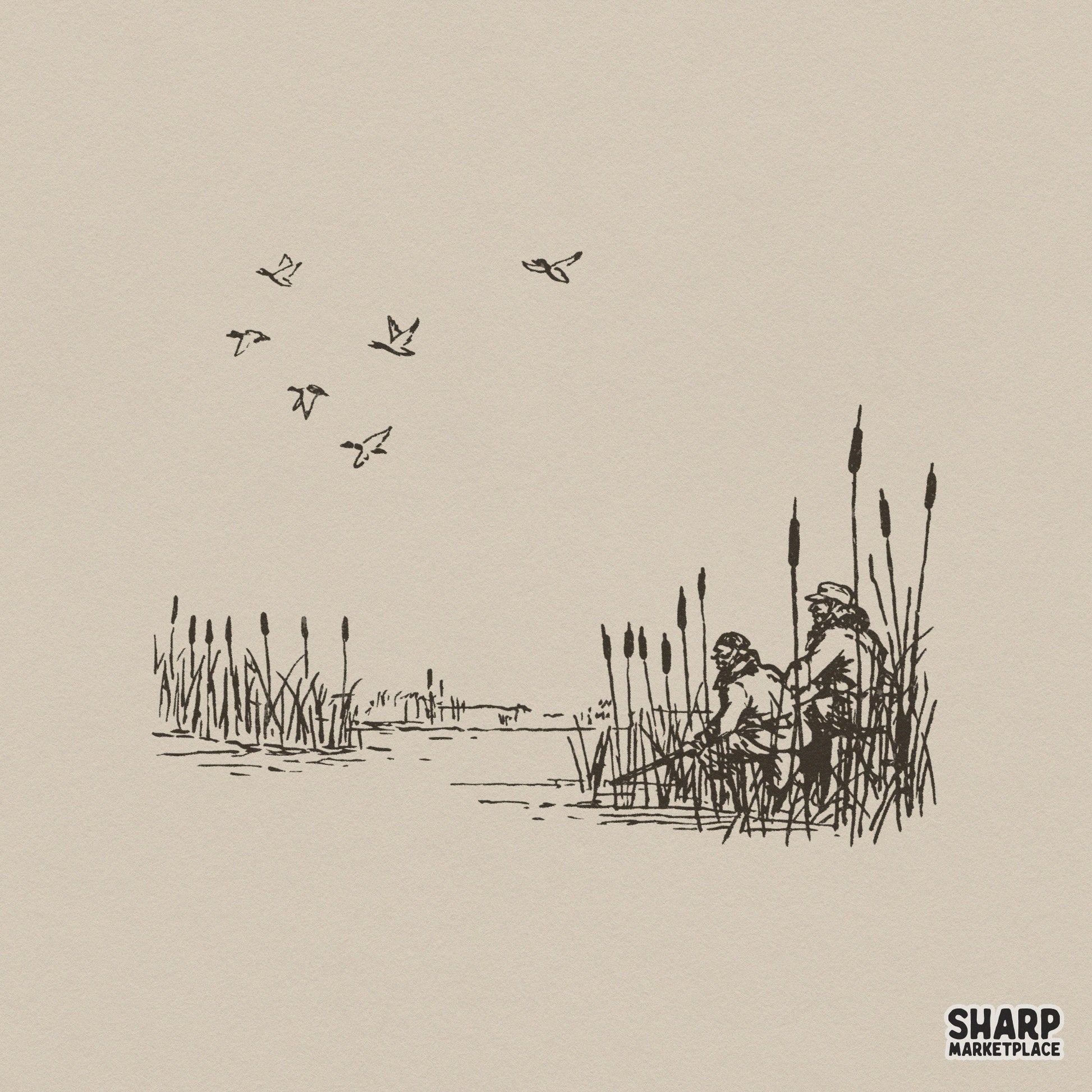 Vintage hand-drawn line art of two sportsmen fishing in a marsh with cattails and flying birds, isolated on a neutral background for apparel printing.