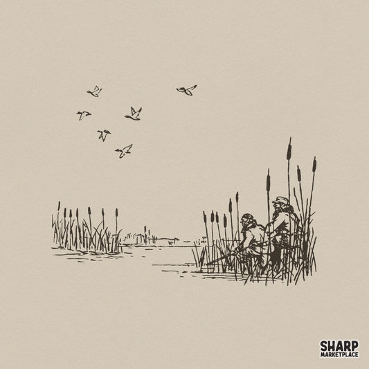 Vintage hand-drawn line art of two sportsmen fishing in a marsh with cattails and flying birds, isolated on a neutral background for apparel printing.