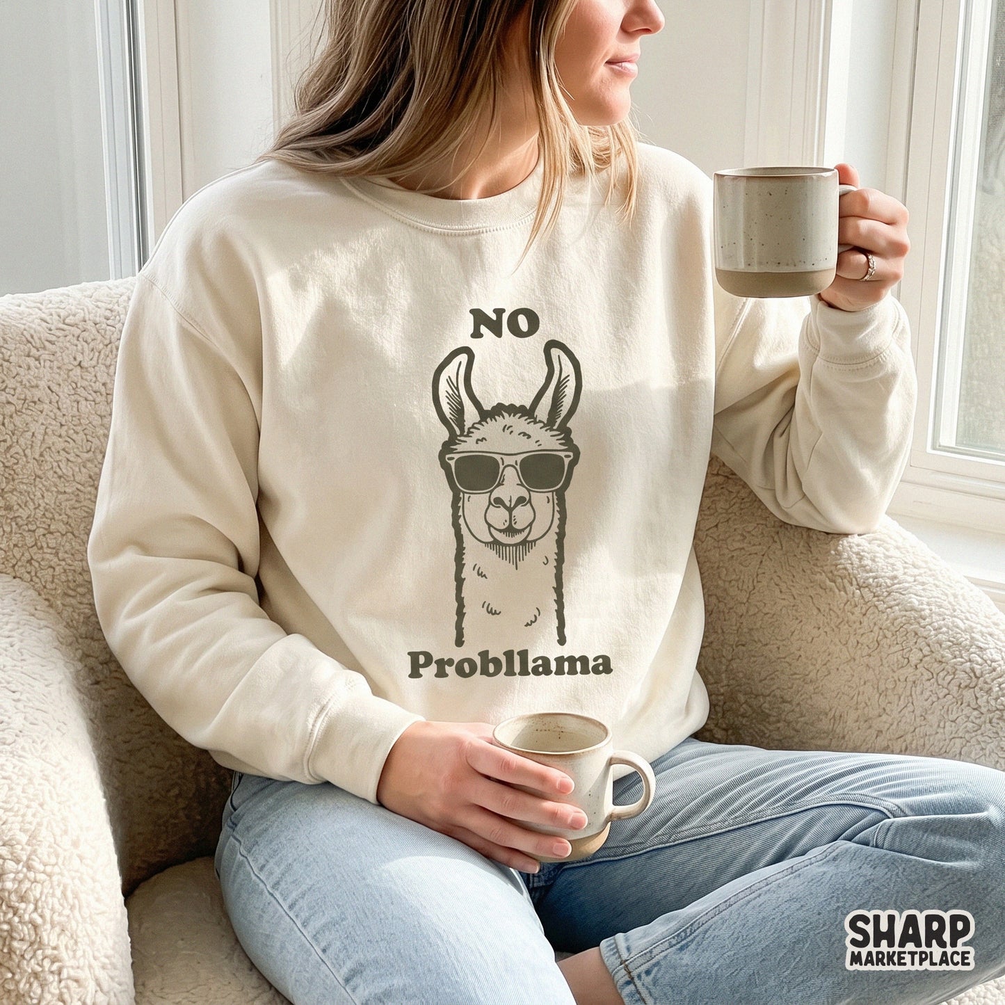 Retro llama headshot with sunglasses and NO Probllama quote for animal lover sublimation shirts and funny summer stickers