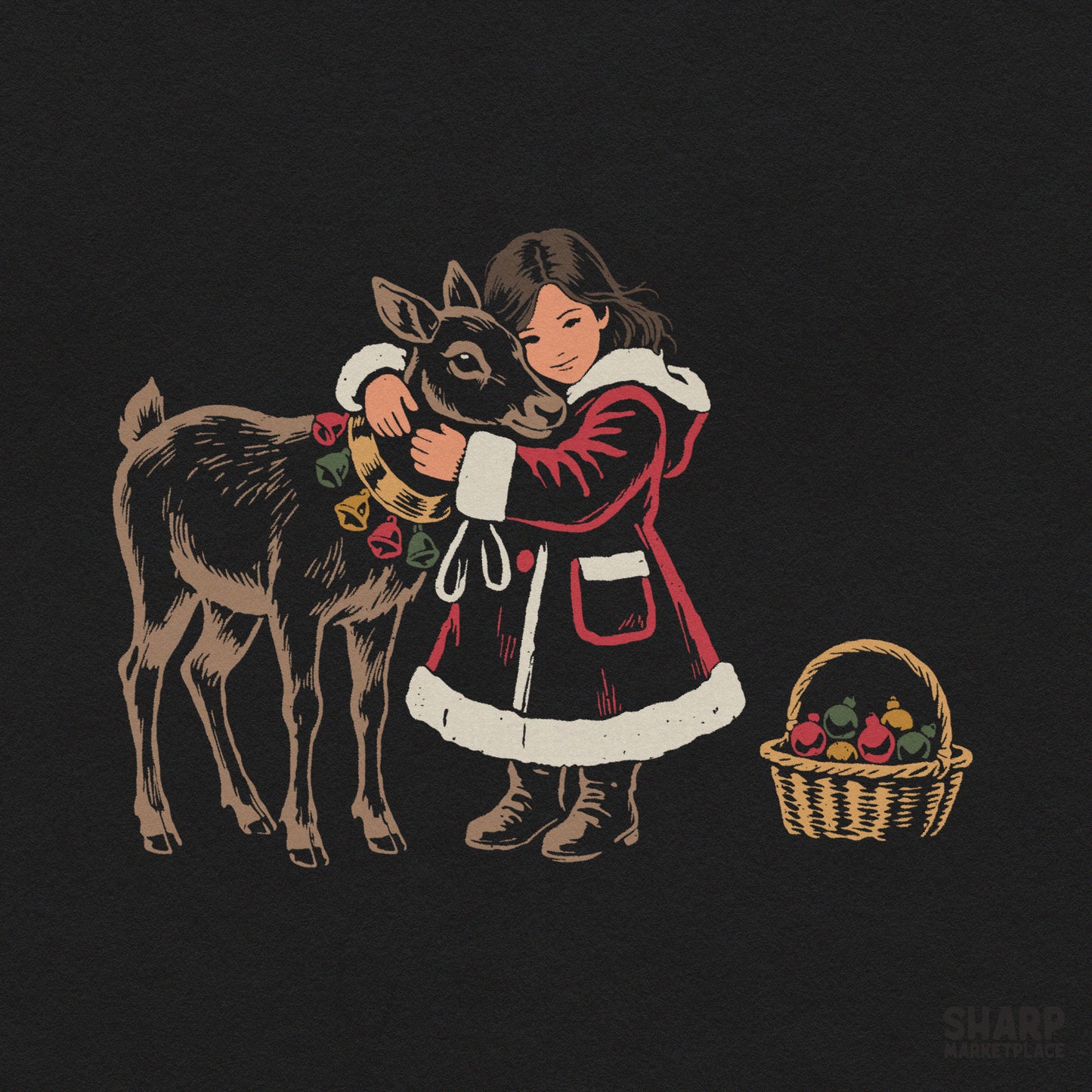 Vintage retro christmas girl hugging a reindeer sublimation PNG design for holiday t-shirts