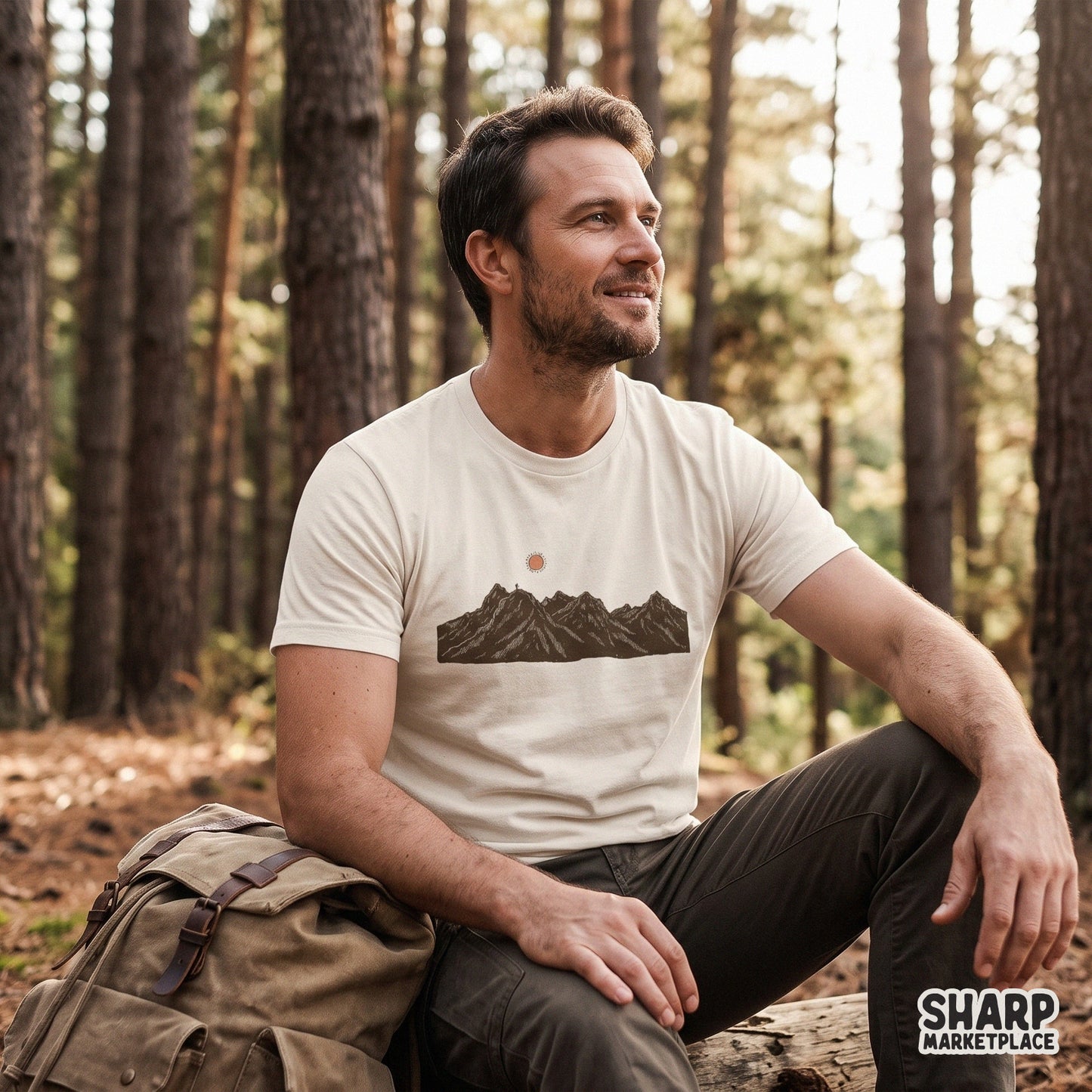Retro vintage mountain peak and tiny hiker nature scene camping png for summer t-shirt sublimation designs