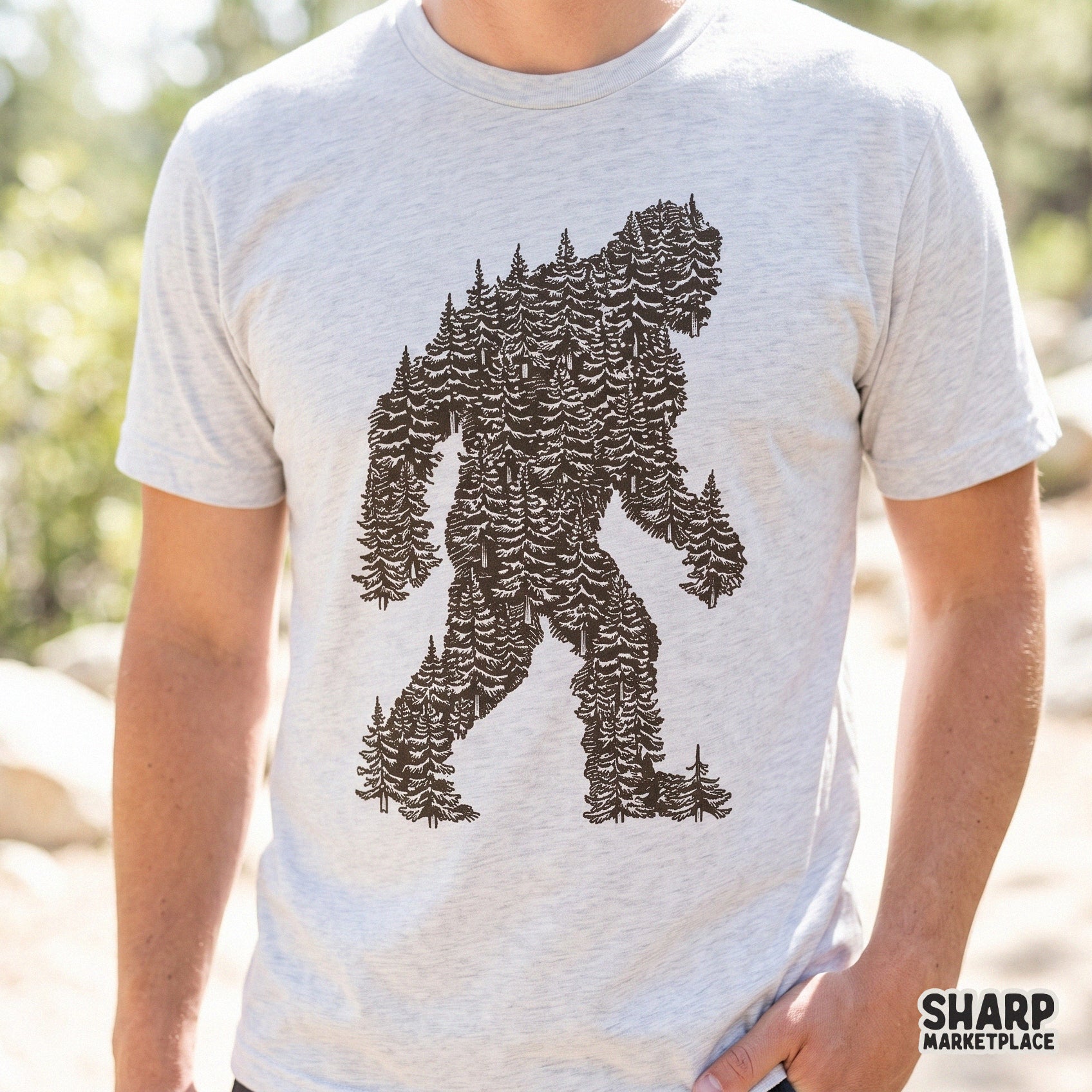 Bigfoot silhouette within a pine tree forest in a retro nature style for camping apparel and outdoor sublimation designs
