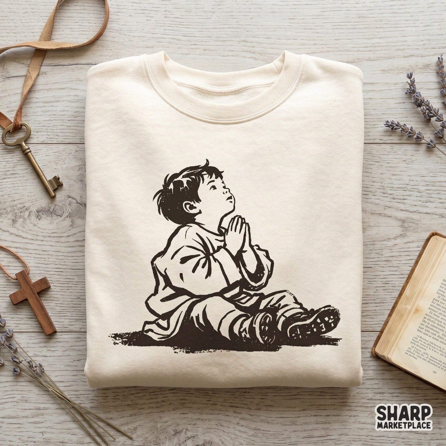 Vintage praying child illustration with a Christian cross and Bible verse theme for religious t-shirt sublimation designs