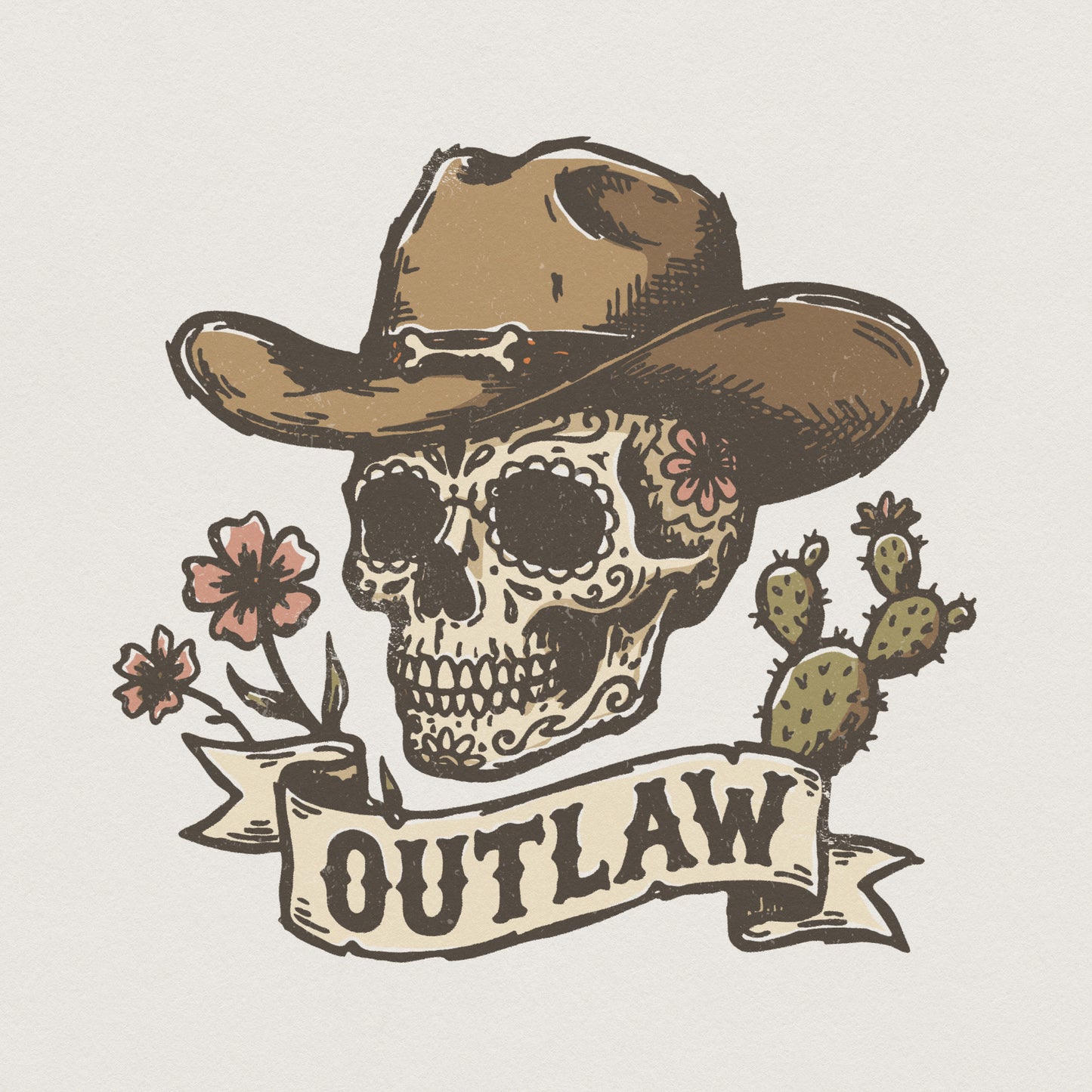 Outlaw PNG Skull, Western Floral Cowboy Hat PNG - 300 DPI Design for