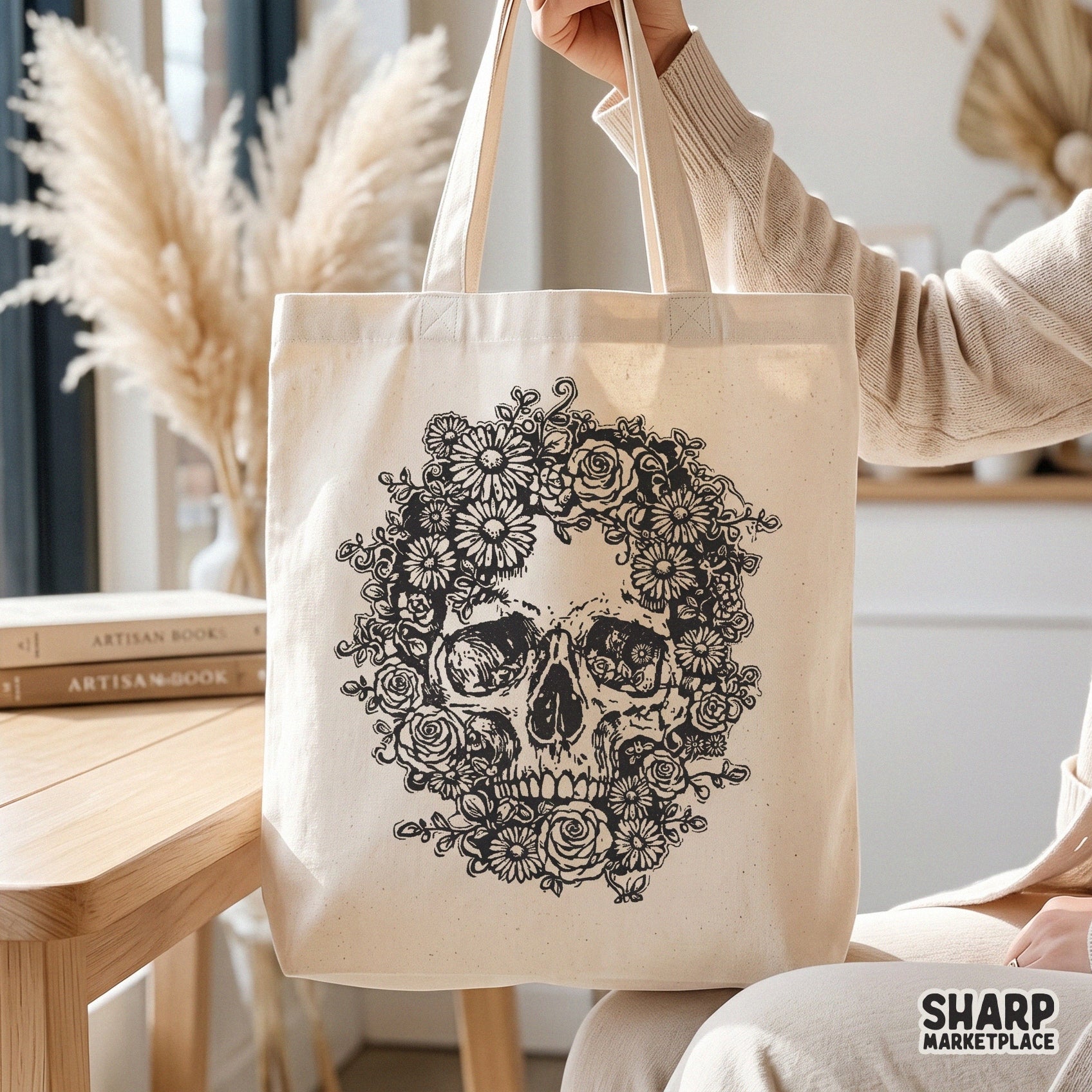 Detailed floral skull with roses and daisies in a gothic garden style for Halloween spooky season shirt sublimation designs