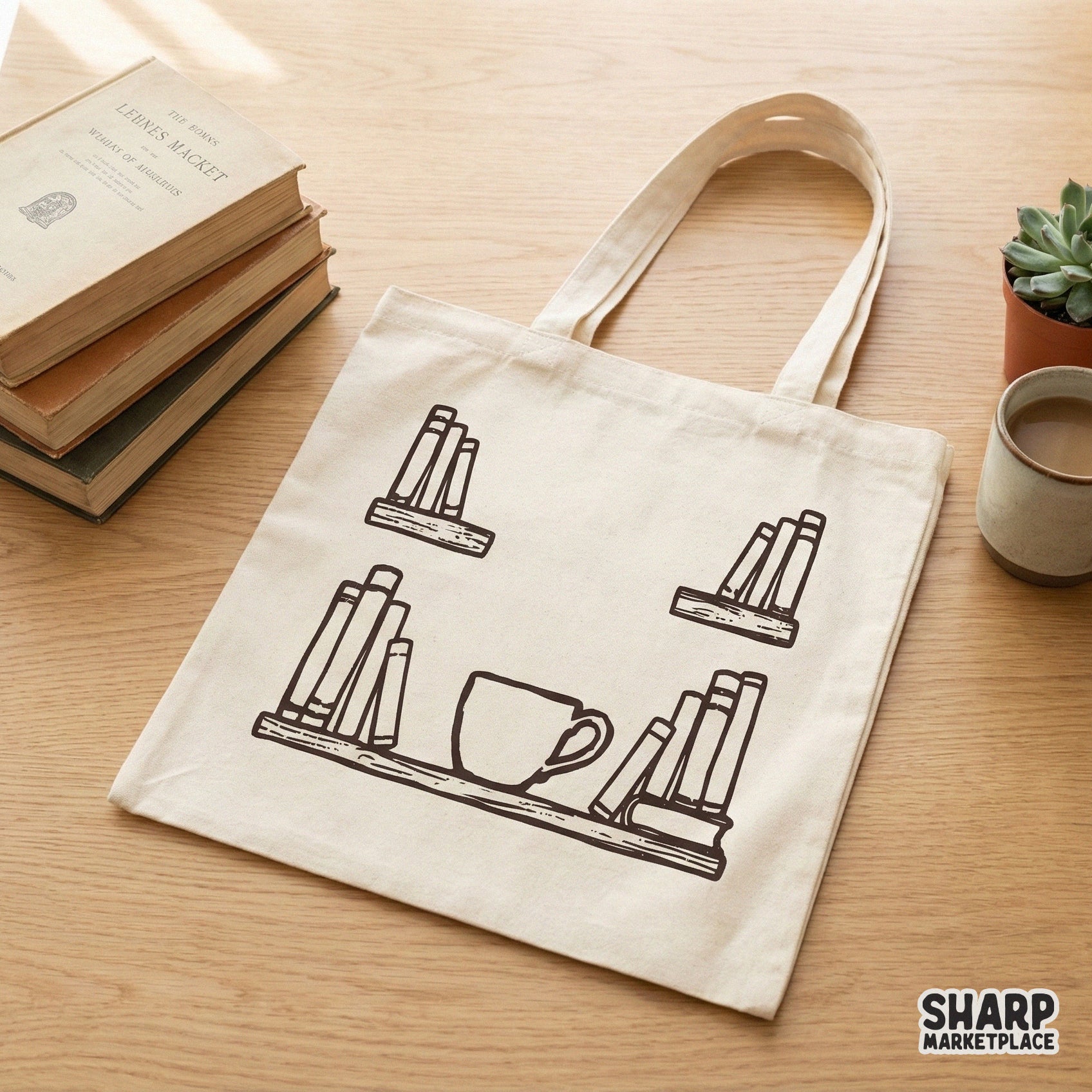 Minimalist bookshelf illustration with a steaming coffee mug, presented as a digital design on a canvas tote bag for a cozy reading aesthetic.