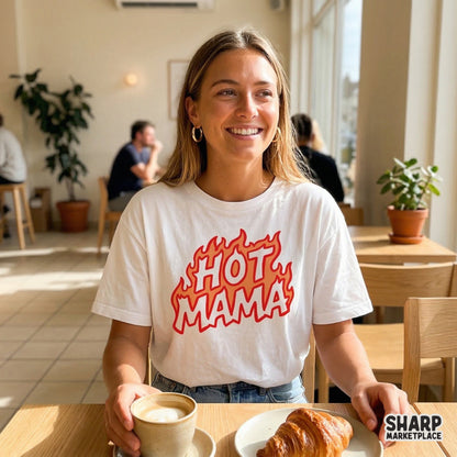 Sassy Hot Mama sublimation graphic with a bold flame aesthetic, ideal for DIY mother's day gifts, stickers, and custom apparel projects.