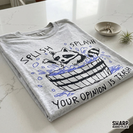 A grey t-shirt mockup displaying a hand-drawn raccoon in a wash tub with blue bubbles and the snarky quote Splish Splash Your Opinion Is Trash.