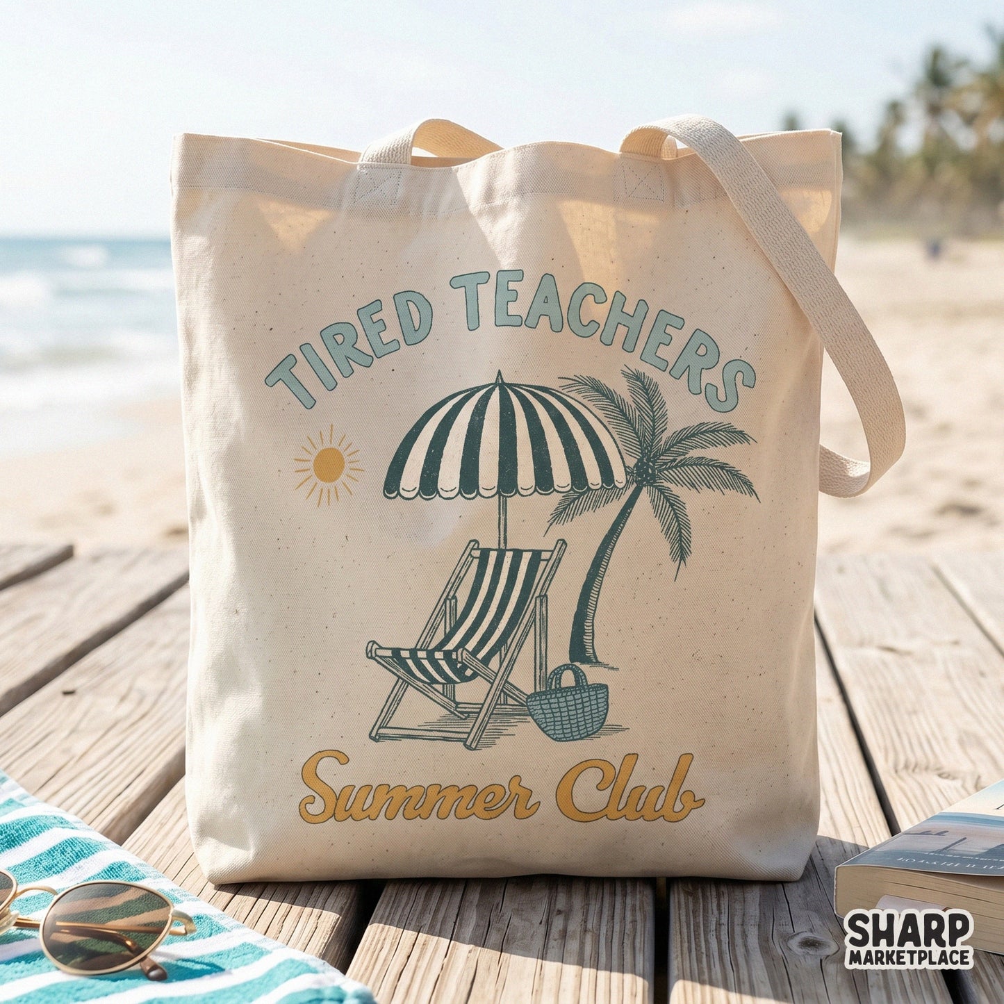Retro beach vacation sublimation graphic for a funny teacher shirt with a tired teachers summer club theme