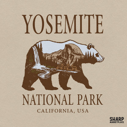 Retro Yosemite National Park bear silhouette with waterfall and mountains PNG graphic for nature lovers and sublimation