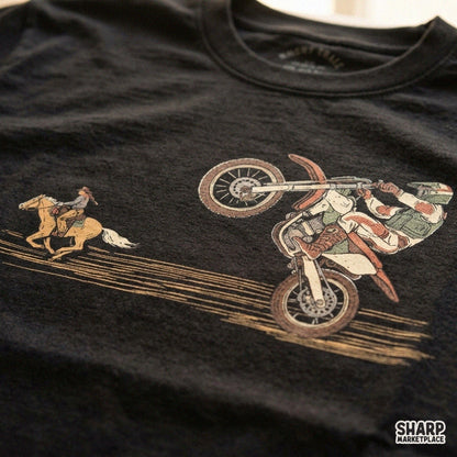 Motocross dirt bike rider racing a cowboy on horseback retro western png design for shirts