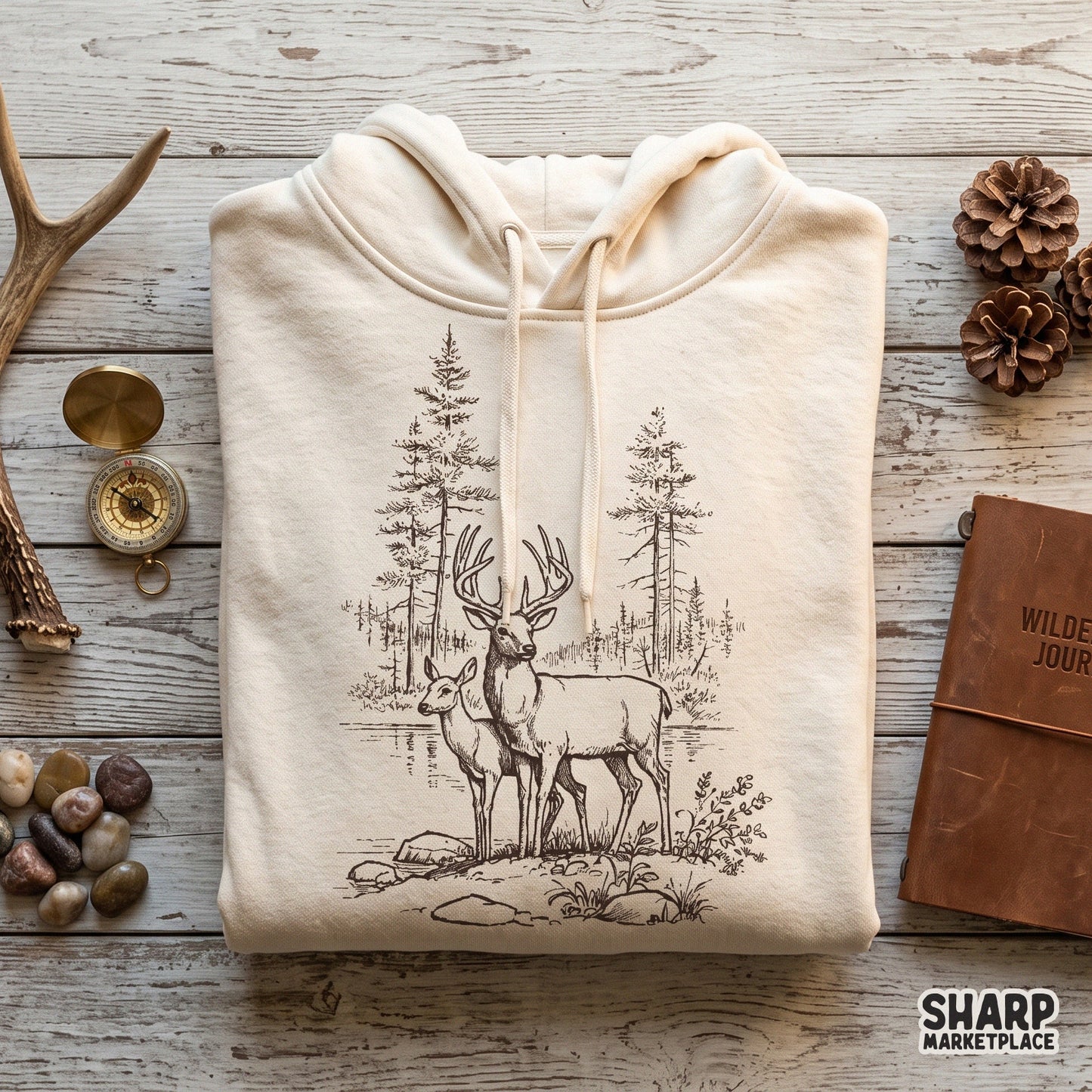 Vintage buck and doe deer nature sketch graphic for retro hunting sublimation designs and wilderness camping apparel
