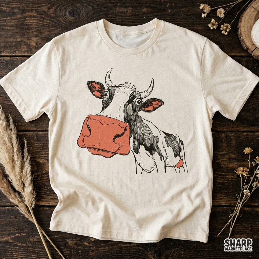 Funny Derpy Cow With Big Snout Illustration, Popular Shirt
