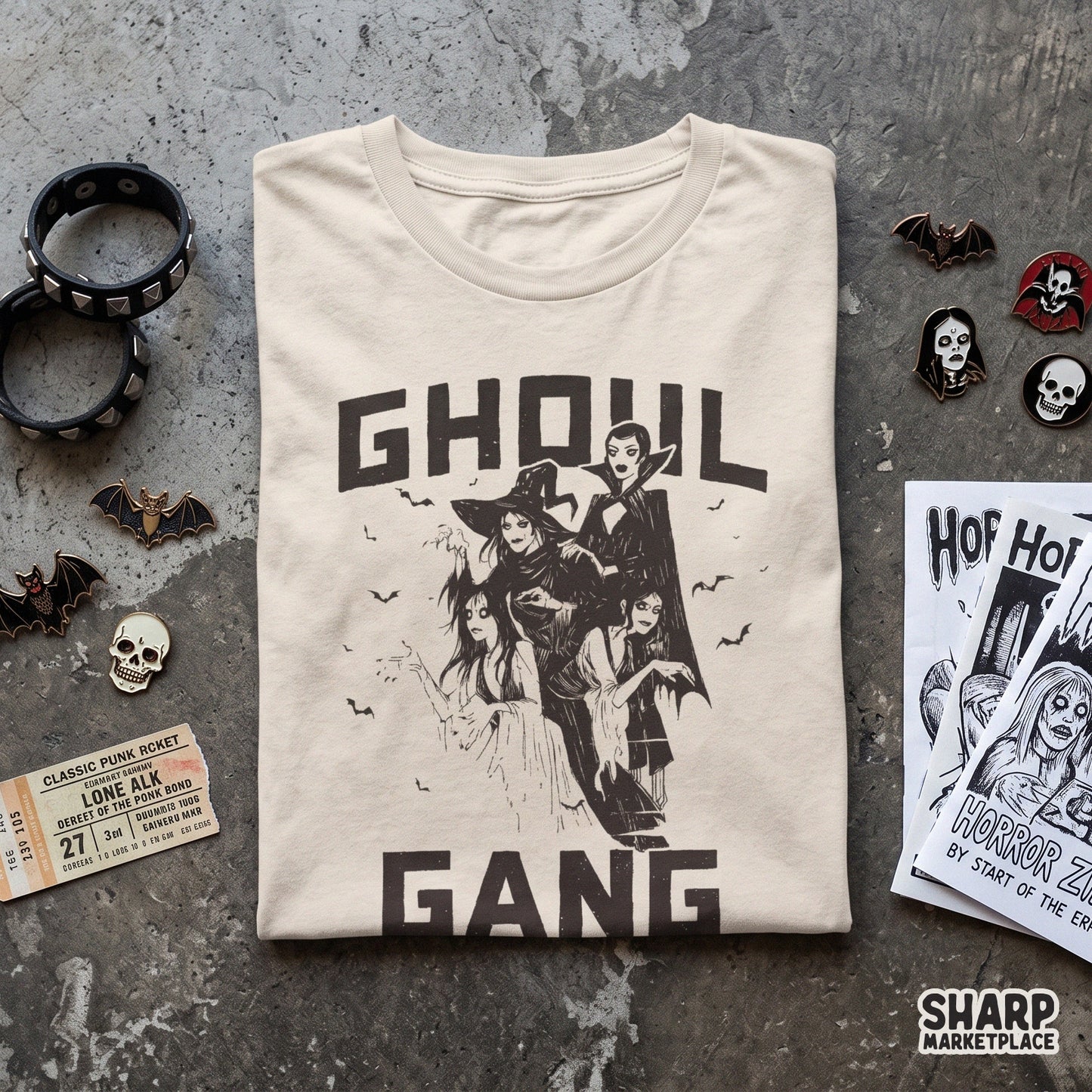 Retro Ghoul Gang Halloween PNG with spooky witches and vampire girls for aesthetic fall sublimation apparel designs