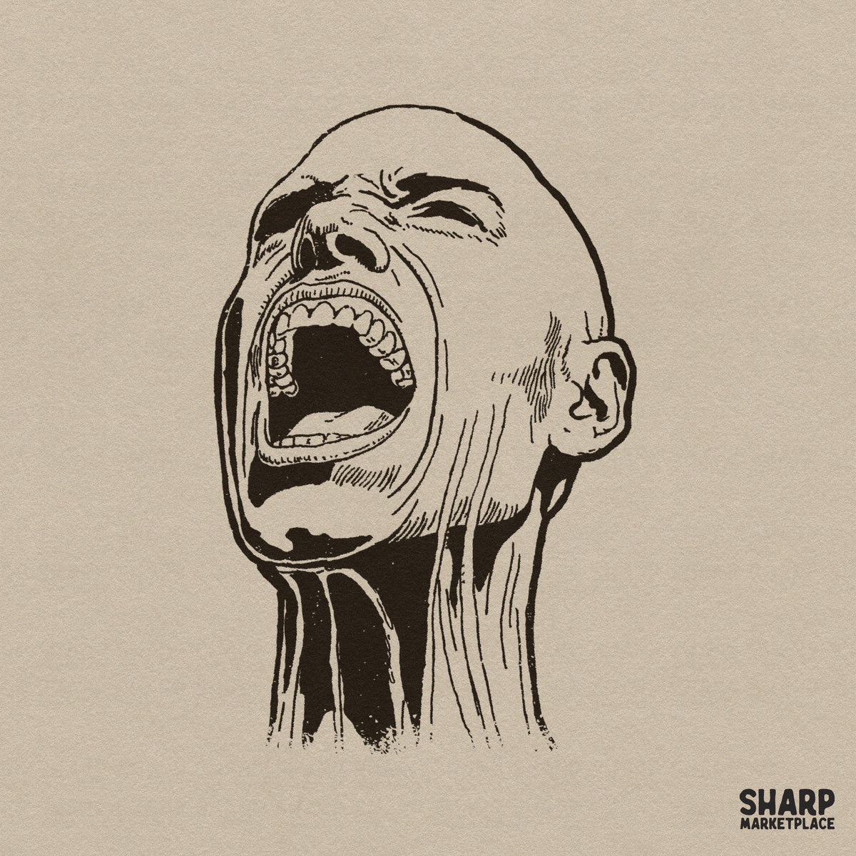 Black ink line art of a screaming bald head with detailed neck anatomy, perfect for gothic apparel and dark surrealist digital projects.