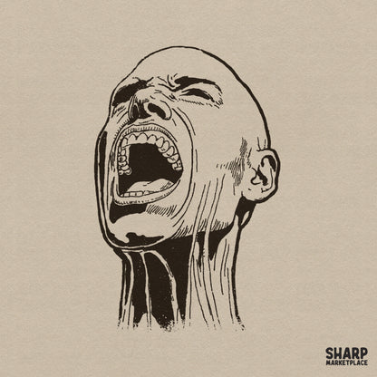 Black ink line art of a screaming bald head with detailed neck anatomy, perfect for gothic apparel and dark surrealist digital projects.