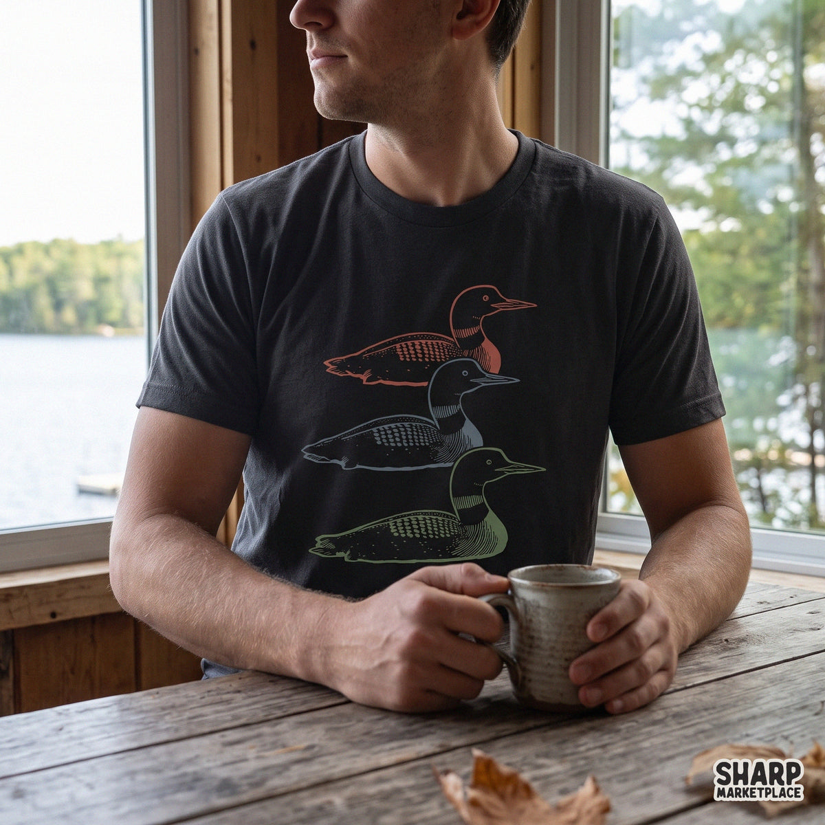 Three vintage loons water bird illustration retro lake and hunting graphic PNG for t-shirts and apparel