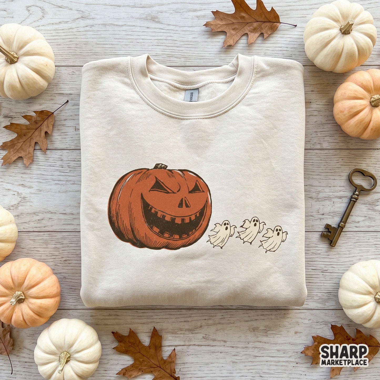 Vintage jack o lantern and breathing ghosts in a retro spooky season design for Halloween apparel and digital crafts