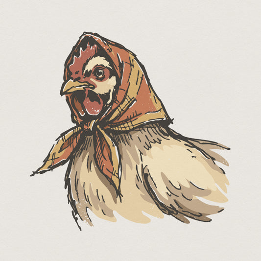 Hand-drawn vintage hen illustration wearing a rustic orange and yellow patterned headscarf, perfect for cottagecore apparel and farm-themed decor.