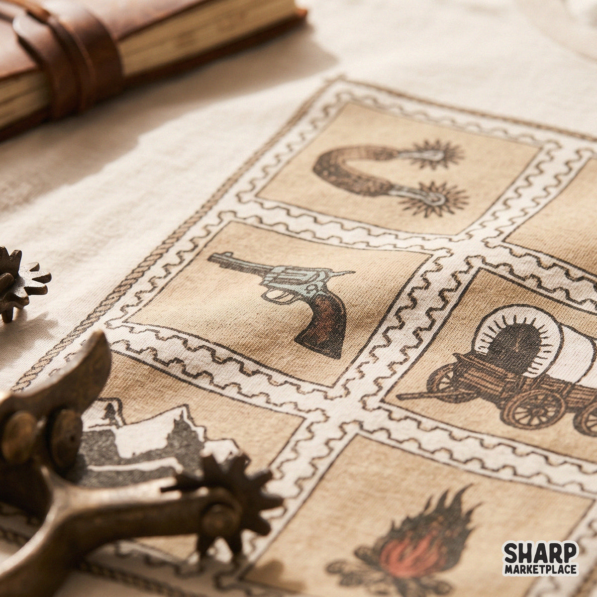 Vintage wild west postage stamp grid graphic featuring cactus and revolvers for retro western apparel t-shirts