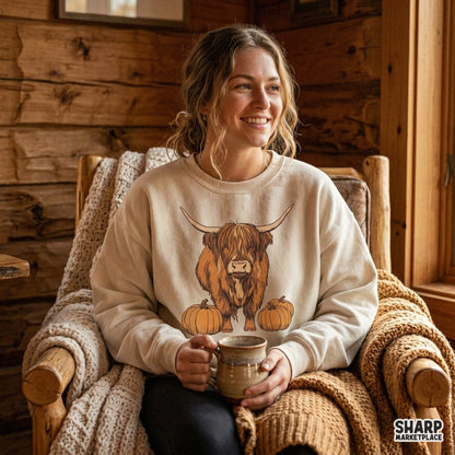 Cute highland cow standing with fall pumpkins png design for thanksgiving t-shirts and autumn sublimation