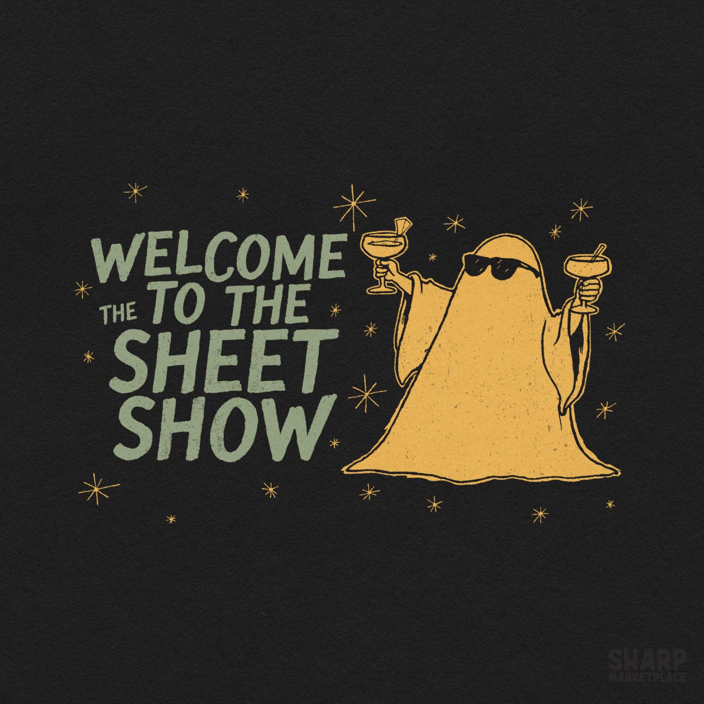 Funny Halloween margarita ghost holding a cocktail in a retro spooky season sublimation design for girls trip apparel