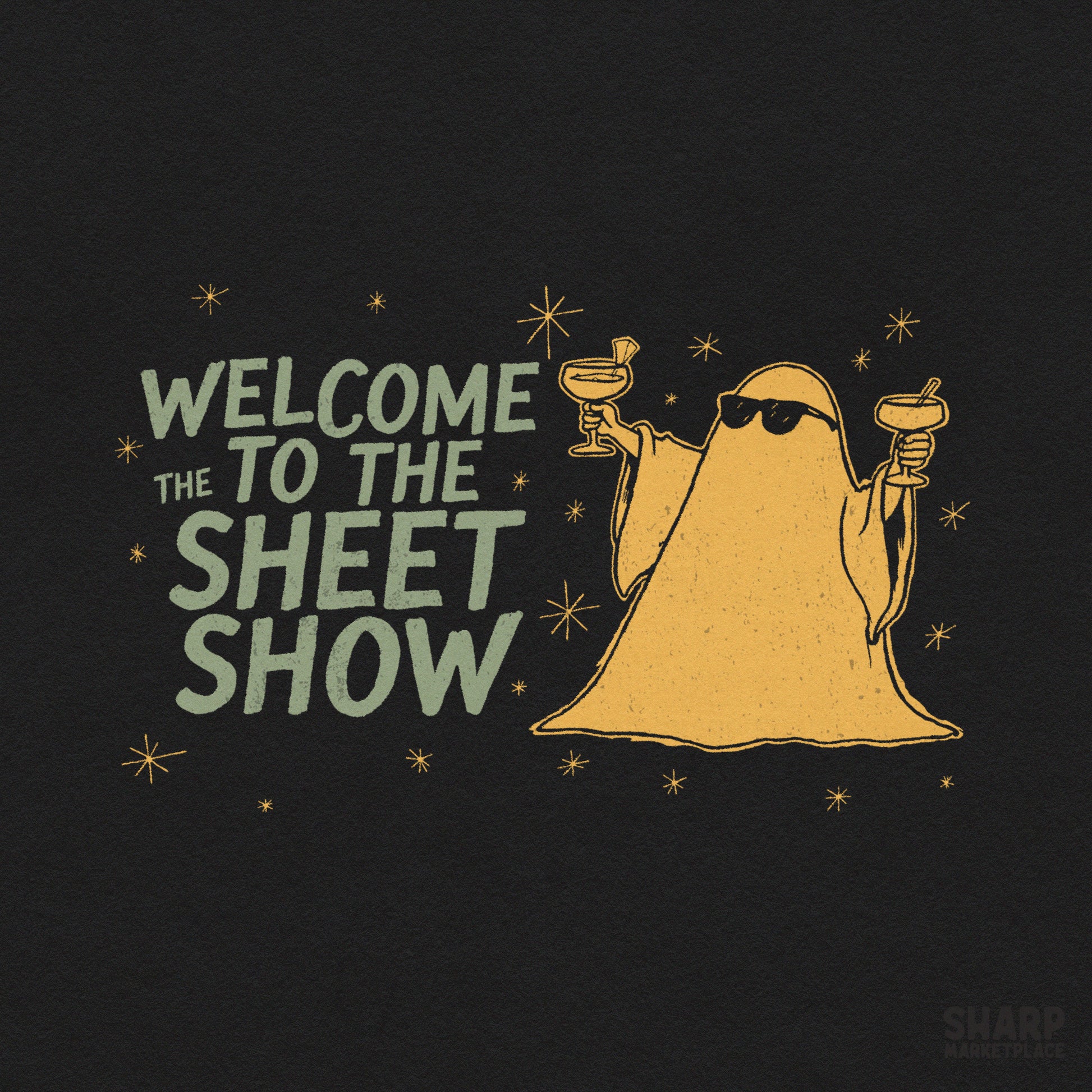 Funny Halloween margarita ghost holding a cocktail in a retro spooky season sublimation design for girls trip apparel