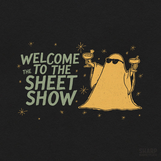 Funny Halloween margarita ghost holding a cocktail in a retro spooky season sublimation design for girls trip apparel